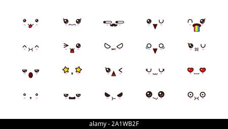 Kawaii icons Gesichter Ausdrücke niedlichen Lächeln Emoticons. Japanische emoji Stock Vektor