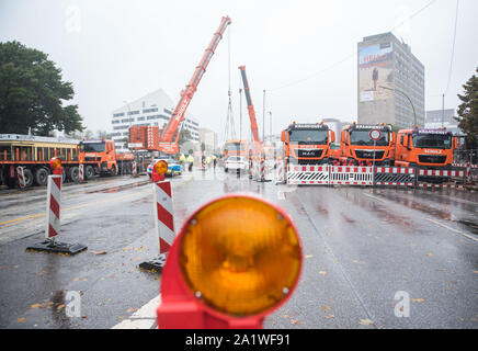 Hamburg, Deutschland. 29 Sep, 2019. Panoramablick im Stadtteil Hammerbrook auf die Amsinckstraße, die komplett für Bauarbeiten geschlossen ist. Credit: Daniel Bockwoldt/dpa/Alamy leben Nachrichten Stockfoto