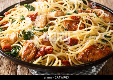 Traditionelle Spaghetti mit getrockneten Tomaten, Hähnchen, Käse und Spinat close-up auf einem Teller auf den Tisch. Horizontale Stockfoto