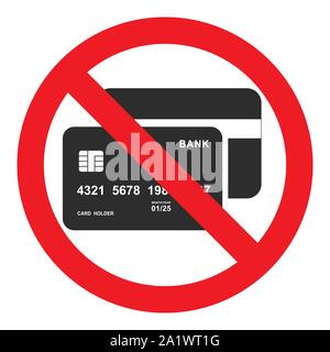 Bank Card Symbol rot durchgestrichenen Kreis. Keine Kreditkarte. Bargeld. Es werden keine Kreditkarten akzeptiert. Isolierte Vector Illustration auf weißem Hintergrund. Stock Vektor