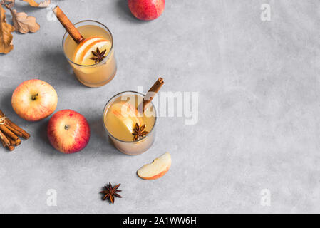 Spicy Apple Cider Trinken. Saisonale herbstliche hausgemachten Apfelmost, Ansicht von oben, kopieren. Stockfoto