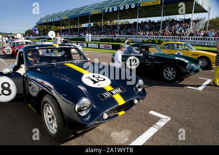 1963 TVR Grantura Mk 3 von Robi Bernberg in der Fordwater Trophy Rennen auf dem Goodwood Revival 14. Sept 2019 in Chichester, England angetrieben. Urheberrecht Stockfoto