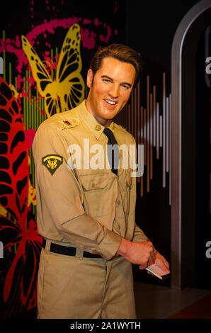 Wien, Österreich - 09.04.2014: Madame Tussauds Wax Museum. Touristische Attraktion. Wachsfigur von Elvis Presley Stockfoto