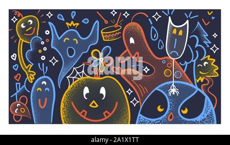 Halloween Hintergrund mit lustigen Cartoon Gespenstern und Monstern in linearen Stil Stock Vektor