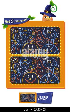Visuelle Spiel für Kinder und Erwachsene. Aufgabe 9 Unterschiede finden. Lernspiel für Kinder. Cartoon Vector Illustration auf Halloween Geister Stock Vektor