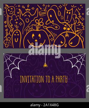 Halloween Party Einladungen und Grußkarten mit lustigen Cartoon Gespenstern und Monstern in linearen Stil Stock Vektor