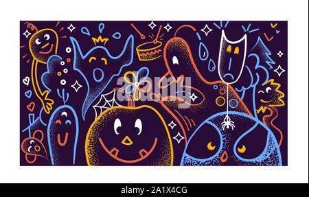 Halloween Hintergrund mit lustigen Cartoon Gespenstern und Monstern in linearen Stil Stock Vektor
