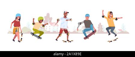 Skater, die Tricks im öffentlichen Skate Board Park skateboarding Konzept mix Rennen jugendliche Spaß reiten Skateboards Landschaft Hintergrund flach Stock Vektor