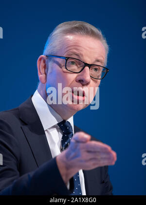 Manchester, Großbritannien. 29. September 2019. Michael Gove, Kanzler des Herzogtums Lancaster und MP für Surrey Heath spricht am ersten Tag des dem Parteitag der Konservativen in Manchester. © Russell Hart/Alamy Leben Nachrichten. Stockfoto