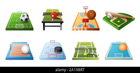 3d-Spielplätze für verschiedene Arten von Sport Symbol auf weißem Hintergrund isoliert, Fussball, Tischtennis, Basketball, Baseball, Volleyball, Hockey Stock Vektor