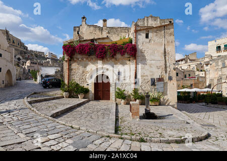 MATERA, Basilikata, Italien - 9 September, 2019 - Blick auf Ein hübsches Steinhaus der antiken Stadt Matera "I Sassi", Unesco Weltkulturerbe Stadt und Europa Stockfoto