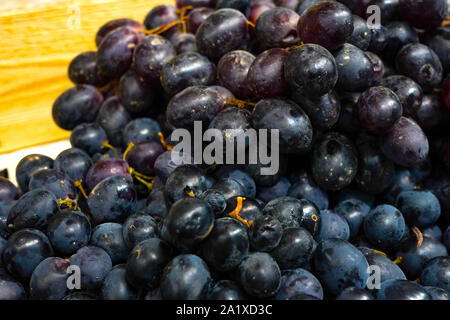 Die Qual schwarzen Trauben. Faule Beeren. Verkauf verdorbene Früchte sein. Der Traubensaft. Überreife Beeren. Stapel verworfen faulen Trauben. Konzept der Stockfoto