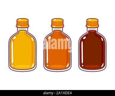 Drei cartoon Flaschen, verschiedene Arten von Sirup oder Likör. Cute cartoon Hand gezeichneten Stil Vector Illustration. Stock Vektor
