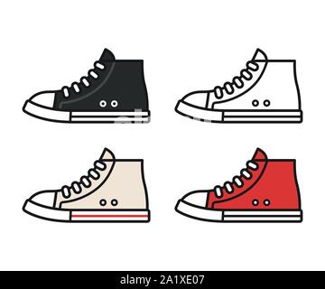 Sneakers online Icon Set. Schwarz, Rot und Weiß canvas Schuhe. Einfach isoliert Vector Illustration. Stock Vektor
