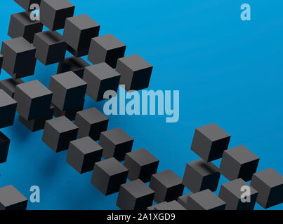 Abstrakte cg Hintergrund mit schwarzem Flying cubes Installation über blauen Hintergrund. 3D Rendering illustration Stockfoto
