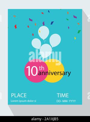 10 Jahre Jubiläum Einladung Design, mit Geschenkbox und Luftballons, Bänder, bunte Vector template Elemente für Geburtstag Feier Party Stock Vektor