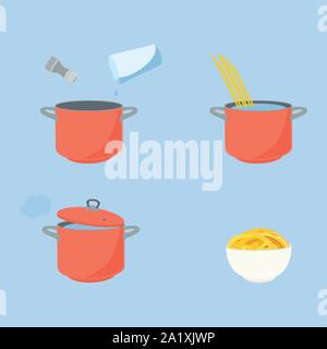 Nudeln kochen Richtungen, Anleitung. Schritte wie Pasta vorzubereiten. Stock Vektor