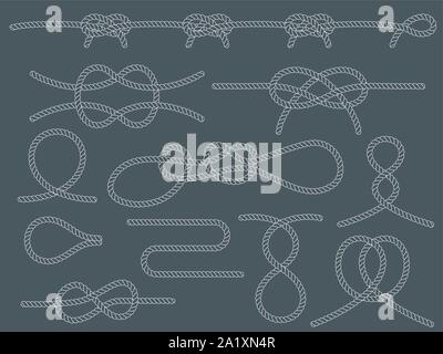 Eingestellt von nautischen Knoten. Flache Vektor weißer Umriss Seil. Stock Vektor