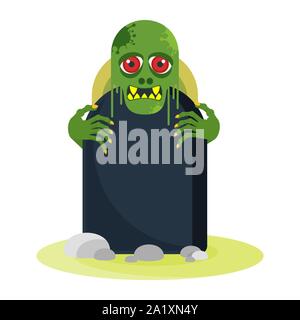 Grüne Äpfel Zombie mit roten Augen Lugt hinter einem Grabstein. Stock Vektor
