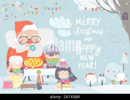 Santa Claus Tee trinken mit glücklichen Kindern Stock Vektor