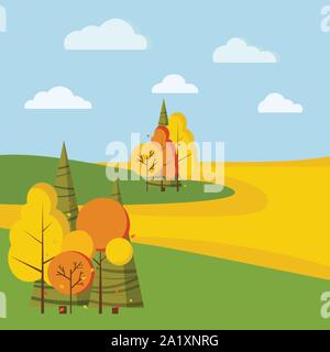 Herbst Vektor flache Landschaft Hintergrund mit gelben und orangen Bäume, Fichten, Felder, Wolken im Comic-Stil. Stock Vektor
