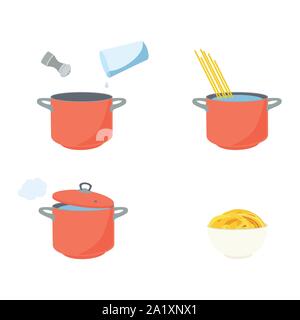 Nudeln kochen Richtungen, Anleitung. Schritte wie Pasta vorzubereiten. Stock Vektor