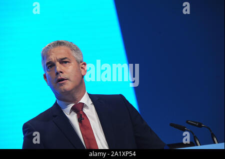 Manchester, England. 29 September, 2019 Steve Barclay MP, Staatssekretärin für Europa, liefert seine Rede auf der Konferenz, am ersten Tag des dem Parteitag der Konservativen Partei in der Manchester Central Convention Complex. Kevin Hayes/Alamy leben Nachrichten Stockfoto