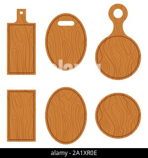 Flache design vector Abbildung von leeren Holz- Textur schneiden und servieren Boards auf weißem Hintergrund. Stock Vektor