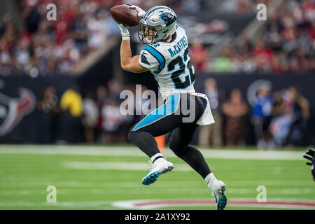 Houston, TX, USA. 29 Sep, 2019. Carolina Panthers zurück läuft, Christian McCaffrey (22) macht eine Verriegelung im zweiten Quartal ein NFL Football Spiel zwischen den Carolina Panthers und der Houston Texans an NRG Stadion in Houston, TX. Trask Smith/CSM/Alamy leben Nachrichten Stockfoto