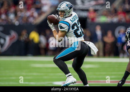 Houston, TX, USA. 29 Sep, 2019. Carolina Panthers zurück läuft, Christian McCaffrey (22) macht eine Verriegelung im zweiten Quartal ein NFL Football Spiel zwischen den Carolina Panthers und der Houston Texans an NRG Stadion in Houston, TX. Trask Smith/CSM/Alamy leben Nachrichten Stockfoto