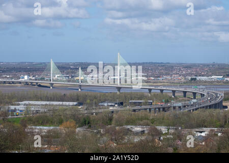 Mersey Gateway Brücke über die Mündung des Mersey zwischen Runcorn und Widnes, Großbritannien Stockfoto