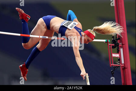 Die USA Sandi Morris in Aktion während der Frauen Stabhochsprung Endrunde am Tag drei der IAAF Weltmeisterschaften am Khalifa International Stadium, Doha, Katar. Stockfoto