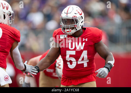 Madison, WI, USA. 28 Sep, 2019. Wisconsin Dachse linebacker Chris Orr Nr. 54 während der NCAA Football Spiel zwischen dem nordwestlichen Wildkatzen und die Wisconsin Badgers in Camp Randall Stadium in Madison, WI. Wisconsin besiegt Nordwestlichen 24-15. John Fisher/CSM/Alamy leben Nachrichten Stockfoto