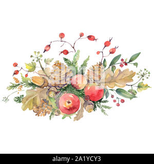 Herbst bouqut mit Blättern. Aquarell Hintergrund Abbildung. Isolierte Blumensträuße Abbildung Element. Stockfoto