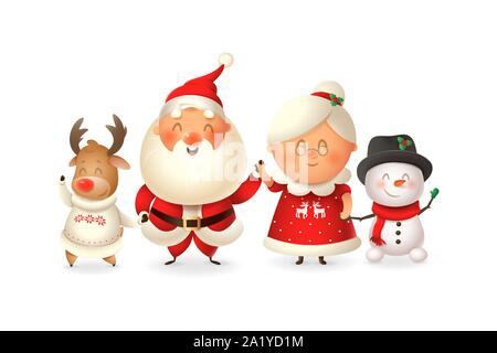 Santa mit der Familie feiern Feiertage - Reinder, Schneemann und Frau Claus-Vector Illustration auf transparentem Hintergrund isoliert Stock Vektor
