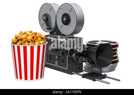 Film Kamera mit Popcorn container. Kino Konzept, 3D-Rendering auf weißem Hintergrund Stockfoto