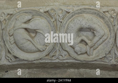 Mittelalterliche Acrobat und ein Hund in der romanischen Tympanon aus dem 12. Jahrhundert in der Vorhalle der Basilika der Heiligen Maria Magdalena (Basilika Sainte-Marie-Madeleine de Vézelay) Der vézelay Abtei Sainte-Marie-Madeleine (Abbaye de Vézelay) in Vézelay, Burgund, Frankreich dargestellt. Stockfoto