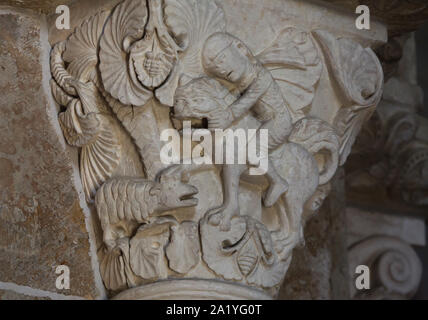 König David und der Löwe in der Romanischen Kapital aus dem 12. Jahrhundert in der Basilika der Heiligen Maria Magdalena (Basilika Sainte-Marie-Madeleine de Vézelay) Der vézelay Abtei Sainte-Marie-Madeleine (Abbaye de Vézelay) in Vézelay, Burgund, Frankreich dargestellt. Stockfoto