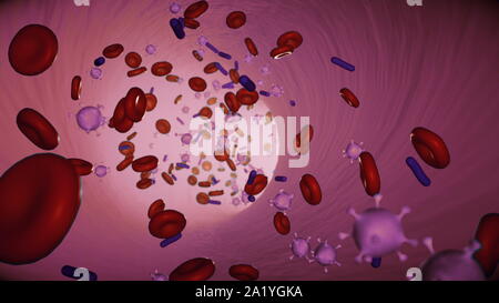 Rote Blutzellen und Viren im Blut in einer Arterie seamless loop Stockfoto