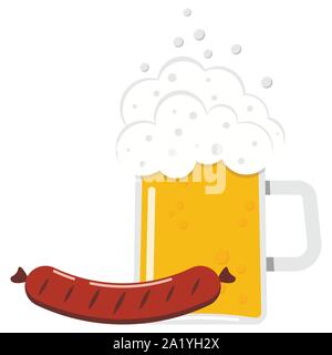 Vector Illustration von flachen Design Glas Bier spritzt mit gegrillten Würstchen Symbol auf weißem Hintergrund. Stock Vektor