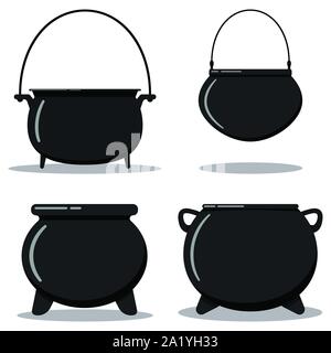 Flache designcartoon Stil illustration Vector schwarz Gusseisen leer Kochtopf Set, camping Kessel, Bügeleisen Hexe hat. Stock Vektor