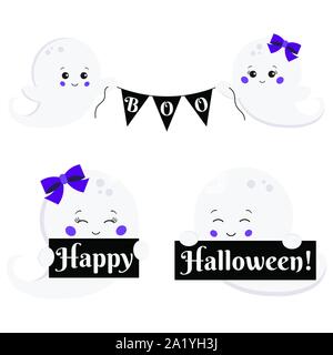 Vektor clipart Set cartoon Flachbild kawaii Stil süß, ein wenig unheimlich, Junge und Mädchen Geist mit Boo Banner und Happy Halloween Stock Vektor