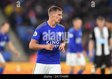 LEICESTER, England. Zum 29. September Marc Albrighton (11) von Leicester City während der Premier League Match zwischen Leicester City und Newcastle United für die King Power Stadion, Leicester am Sonntag, den 29. September 2019. (Credit: Jon Hobley | MI Nachrichten) nur die redaktionelle Nutzung, eine Lizenz für die gewerbliche Nutzung Kreditkarte erforderlich: MI Nachrichten & Sport/Alamy leben Nachrichten Stockfoto