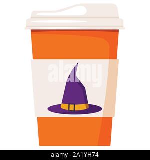 Vektor flaches Papier Kaffee oder Tee Tasse dekoriert Lila mit Dornschließe Armband orange Halloween Hexe Hut isoliert auf weiss Stock Vektor