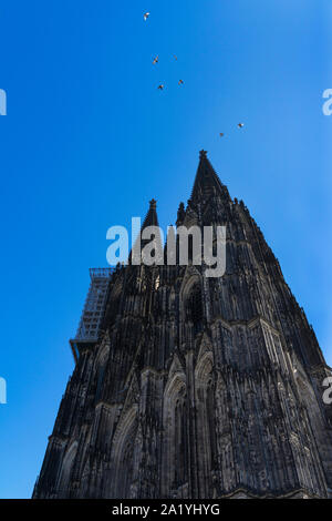 Die Kathedrale Saint Peter gegen den blauen Himmel, die Vögel. Blick auf den Turm von Unten nach Oben Stockfoto