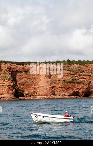 Hoch aufragenden roten Sandsteinfelsen auf der East Devon Coast. UK. Rock, Schichten, Stockfoto