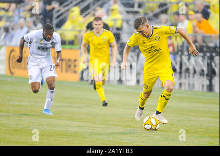 Columbus, Ohio, USA. 29 Sep, 2019. Sonntag, September 29, 2019: Philadelphia Union defender Ray Gaddis (28) jagt Columbus Crew SC Mittelfeldspieler wird Trapp (6) in der ersten Hälfte der Partie zwischen Philadelphia Union und Columbus Crew SC an MAPFRE Stadium, in Columbus, OH. Pflichtfeld Foto: Dorn Byg/Cal Sport Media. Philadelphia Union 0 - Columbus Crew SC Credit: Cal Sport Media/Alamy leben Nachrichten Stockfoto