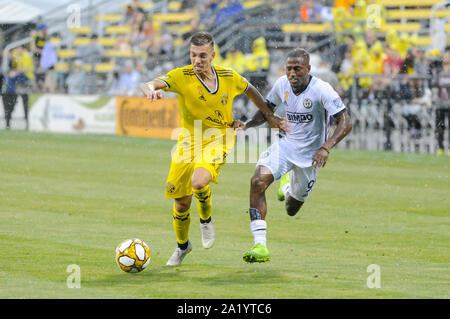 Columbus, Ohio, USA. 29 Sep, 2019. Sonntag, September 29, 2019: Columbus Crew SC vorwärts Pedro Santos (7) und Philadelphia Union vorwärts Fafa Picault (9) in der ersten Hälfte der Partie zwischen Philadelphia Union und Columbus Crew SC an MAPFRE Stadium, in Columbus, OH. Pflichtfeld Foto: Dorn Byg/Cal Sport Media. Philadelphia Union 0 - Columbus Crew SC Credit: Cal Sport Media/Alamy leben Nachrichten Stockfoto