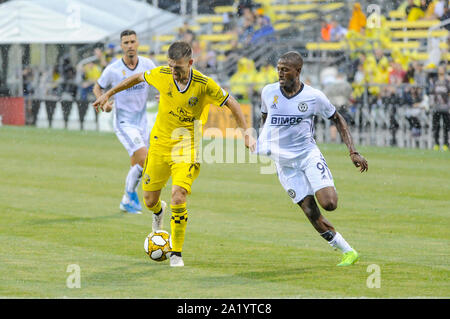 Columbus, Ohio, USA. 29 Sep, 2019. Sonntag, September 29, 2019: Columbus Crew SC vorwärts Pedro Santos (7) und Philadelphia Union vorwärts Fafa Picault (9) in der ersten Hälfte der Partie zwischen Philadelphia Union und Columbus Crew SC an MAPFRE Stadium, in Columbus, OH. Pflichtfeld Foto: Dorn Byg/Cal Sport Media. Philadelphia Union 0 - Columbus Crew SC Credit: Cal Sport Media/Alamy leben Nachrichten Stockfoto