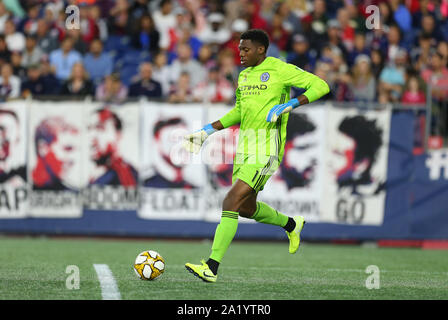 Gillette Stadium. 29 Sep, 2019. MA, USA; New York City Torwart Sean Johnson (1) in einem MLS-Match zwischen New York City FC und New England Revolution am Gillette Stadium. Anthony Nesmith/CSM/Alamy leben Nachrichten Stockfoto